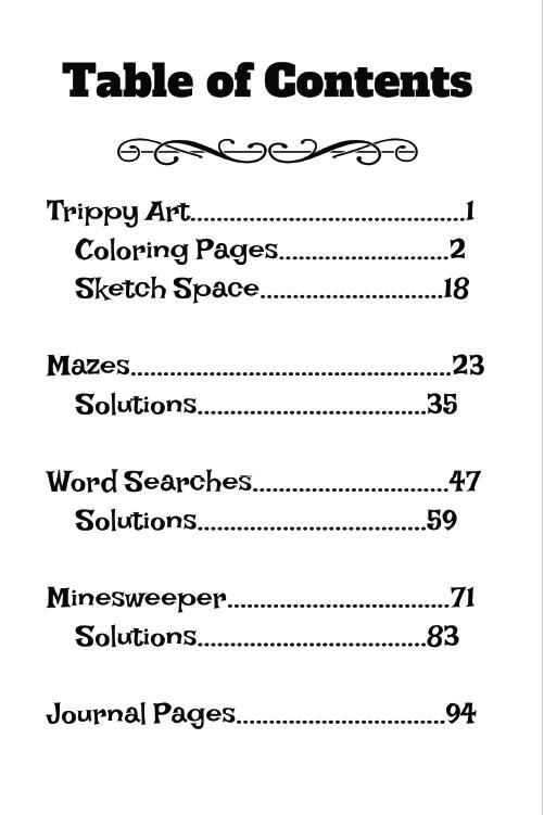 Table of Contents - What's Inside of Silly With Cybin Activity Book for Psychonauts and Psychedelic Enthusiasts