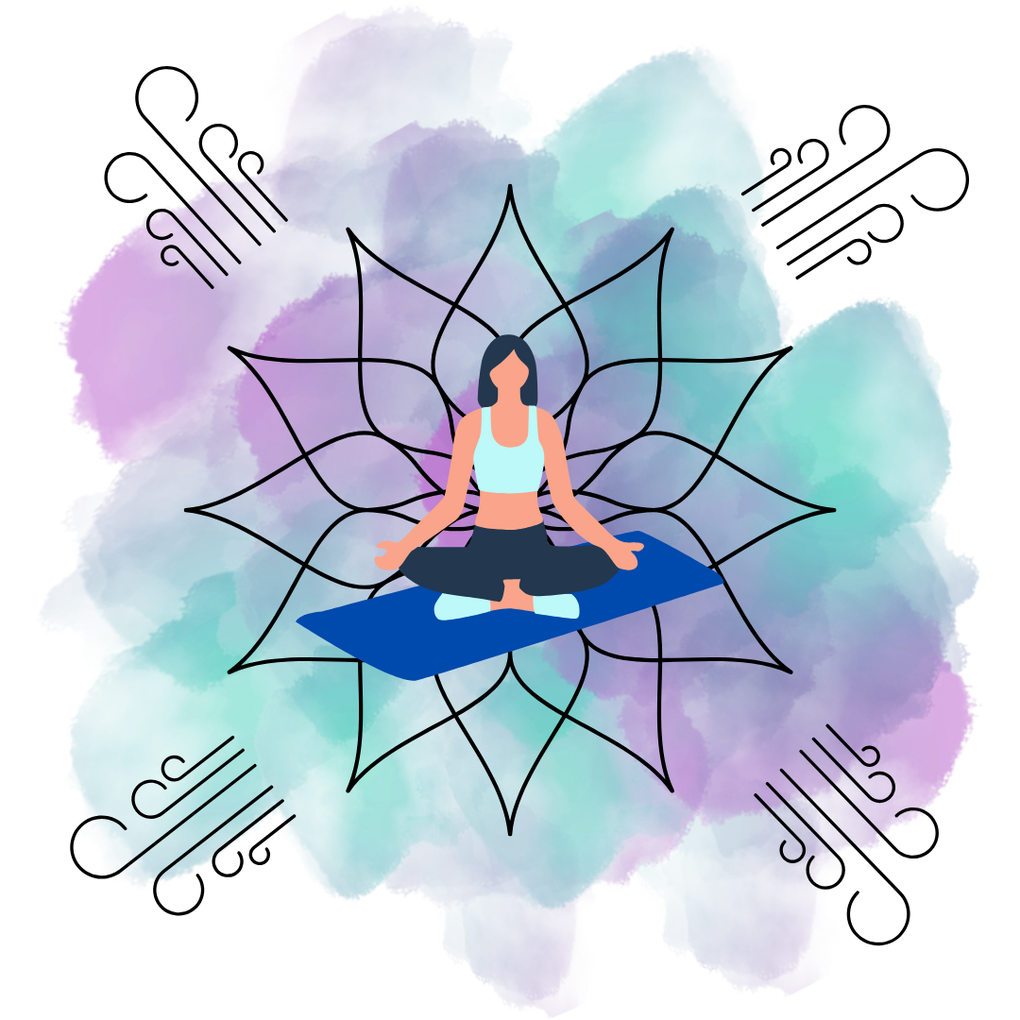 Woman meditating on a yoga mat with a lotus mandala and watercolor background, symbolizing somatic therapy, mindfulness, and psychedelic integration.