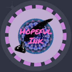 Hopeful Ink Logo - An intricate mandala with shades of purples, lavenders, and shades of blues and aquas, with a fountain pen on top and the words Hopeful Ink.