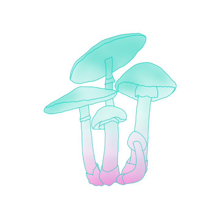 Pastel teal and pink illustration of trippy, yet healing, psilocybin mushrooms, used for psychedelic education and microdosing content.
