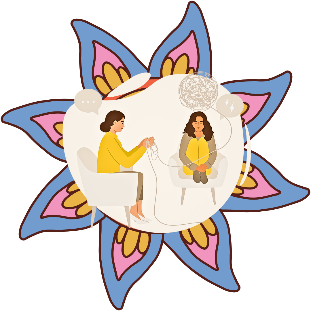 Therapist supporting a woman with tangled thoughts in a psychedelic lotus backdrop, representing ketamine therapy, mental health healing, and integration support.