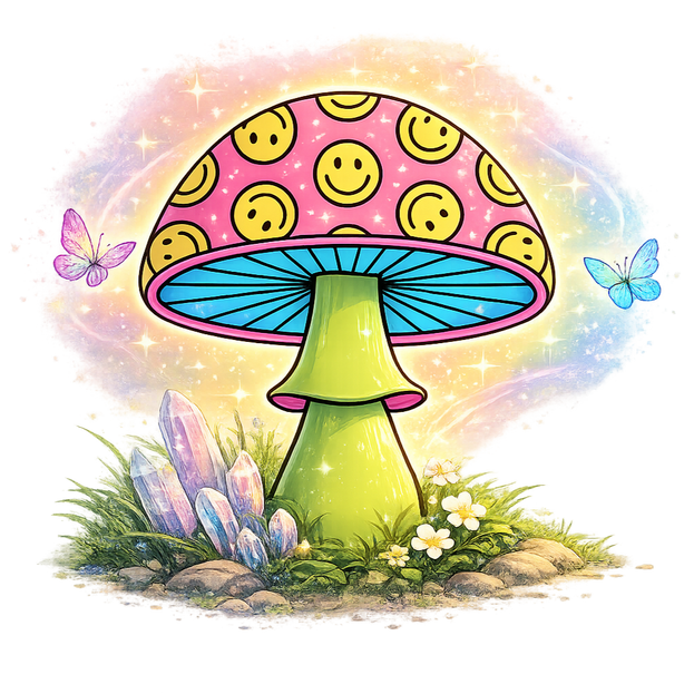 Hopeful Ink mushroom surrounded by crystals to represent the blend and connection between psychedelics and spiritual healing.