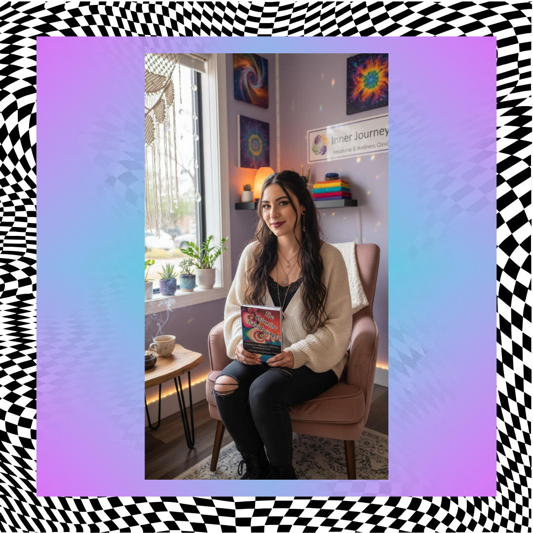A pretty girl holding Hopeful Ink's Ketamine Journal titled "The Ketamine Kaleidoscope" in a ketamine clinic setting.